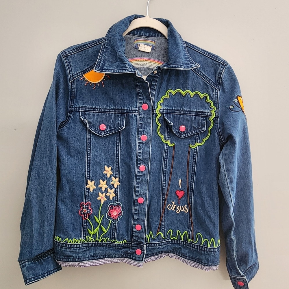 Women's I Love Jesus Embroidered Jean Jacket with Floral and Rainbow Design Snap